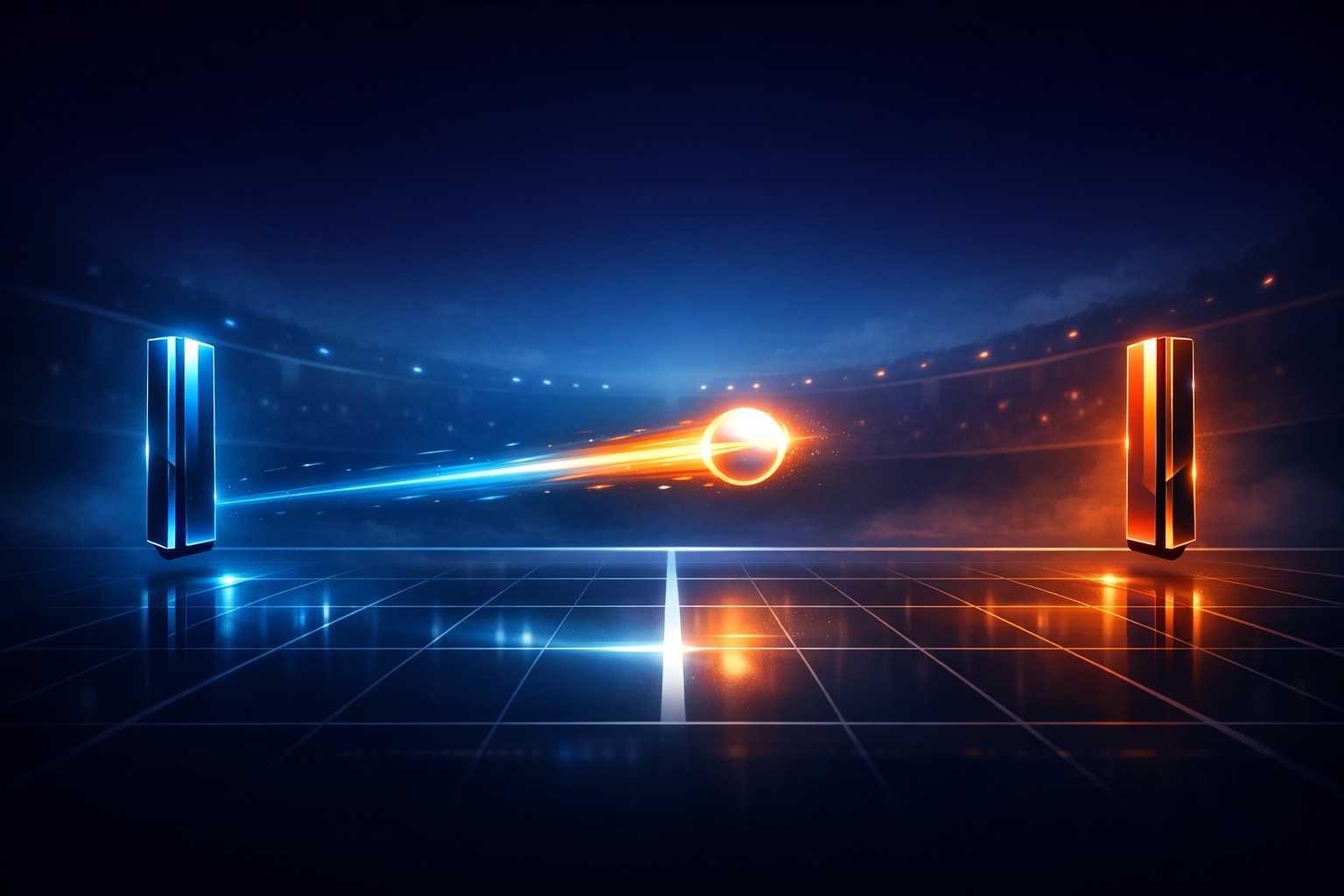 Pong Rally splash artwork with neon paddles and a glowing ball in motion.